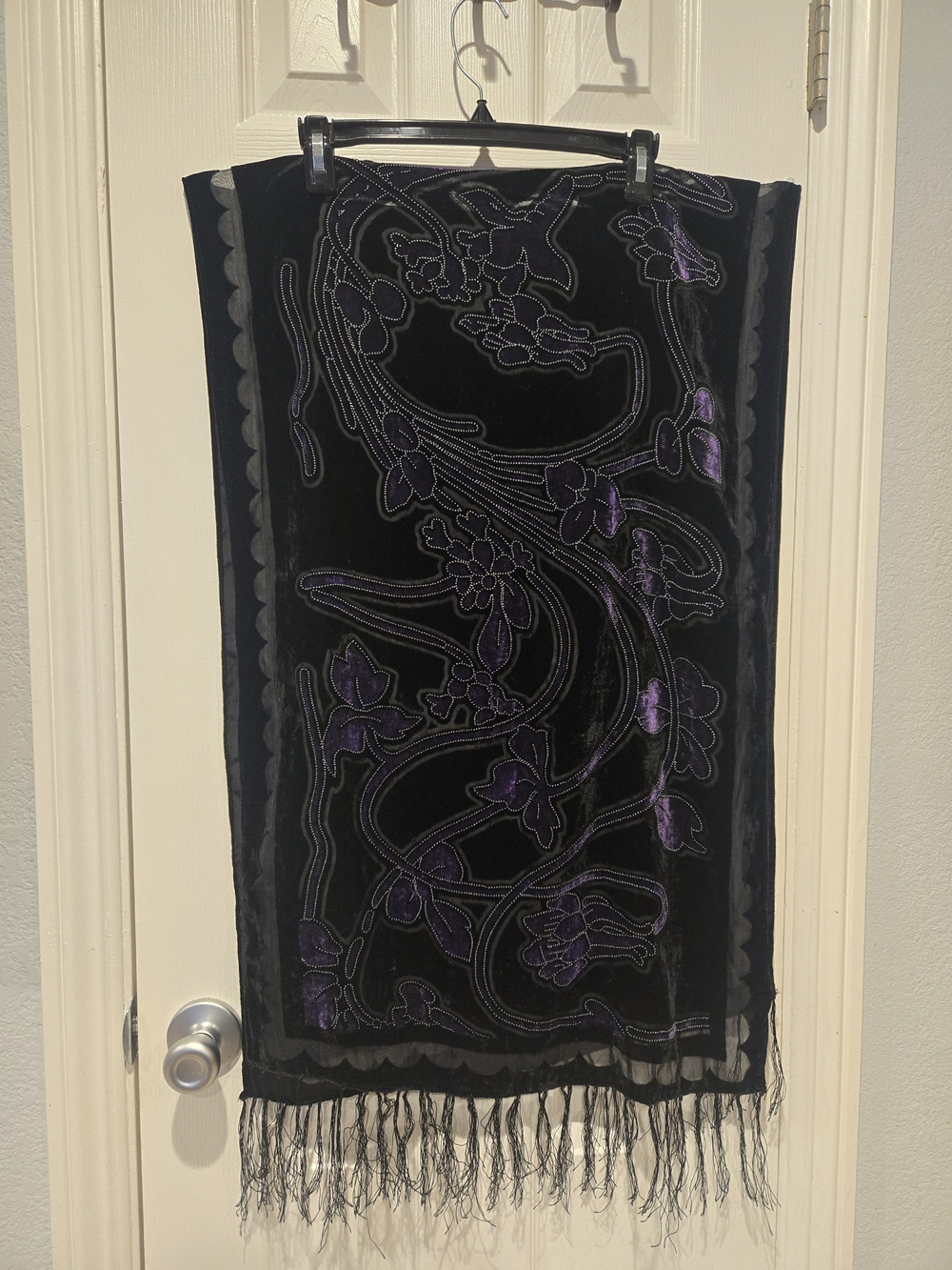 Fairygoth Black and Purple Burnout Velvet Floral Scarf Fringe Ends Art Nouveau